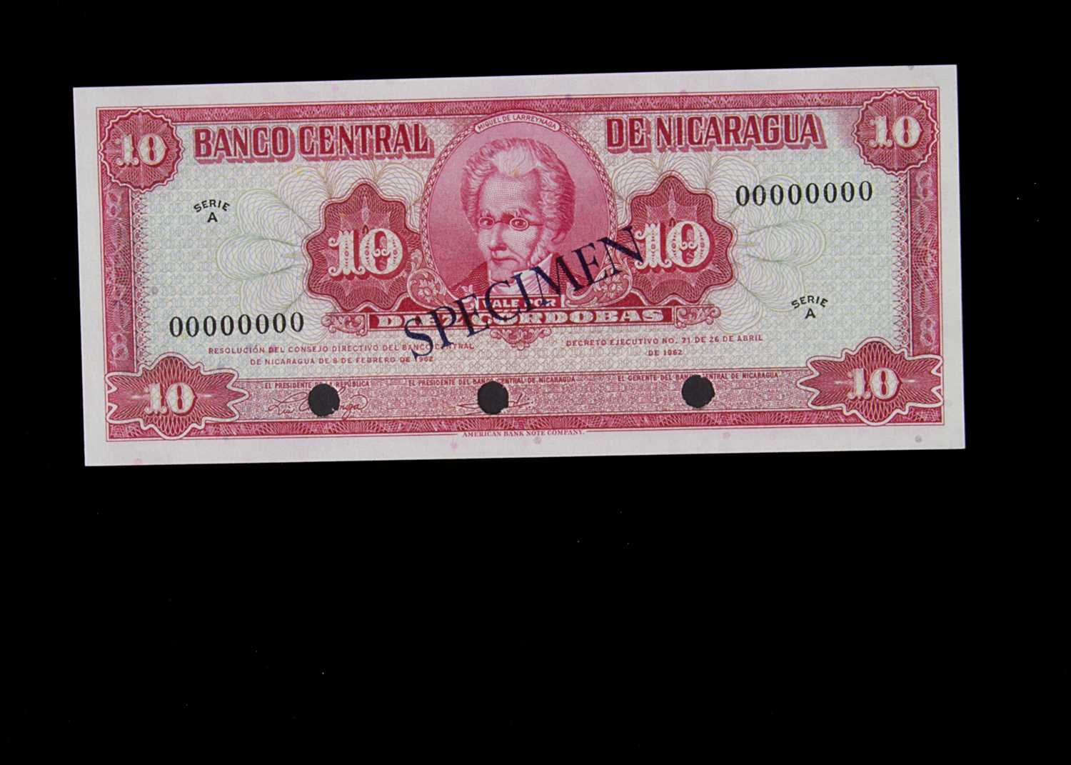 Specimen Bank Note: Central bank of Nicaragua specimen 10 Cordobas,