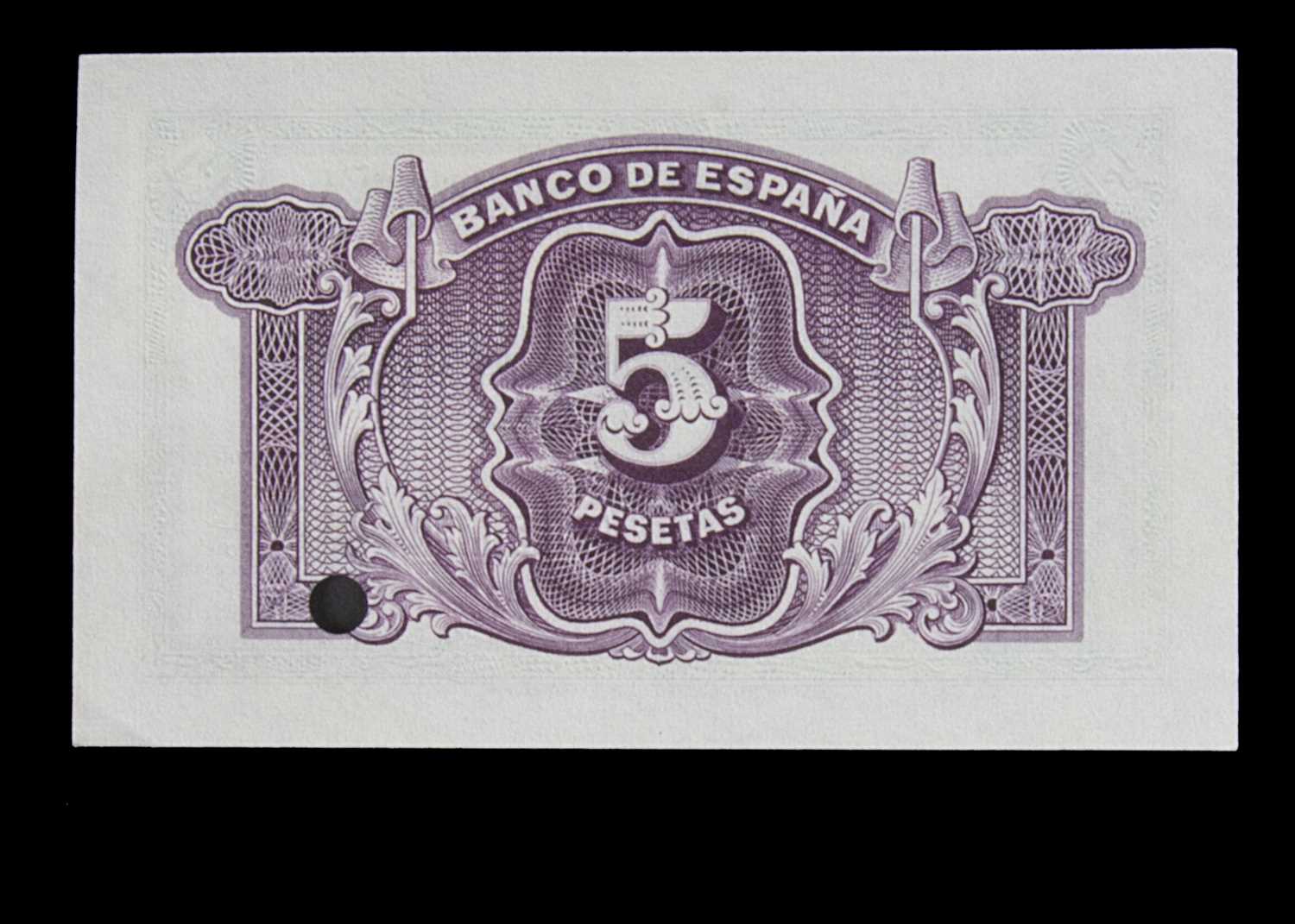 Specimen Bank Note: Spain specimen 5 Pesetas, - Image 2 of 2