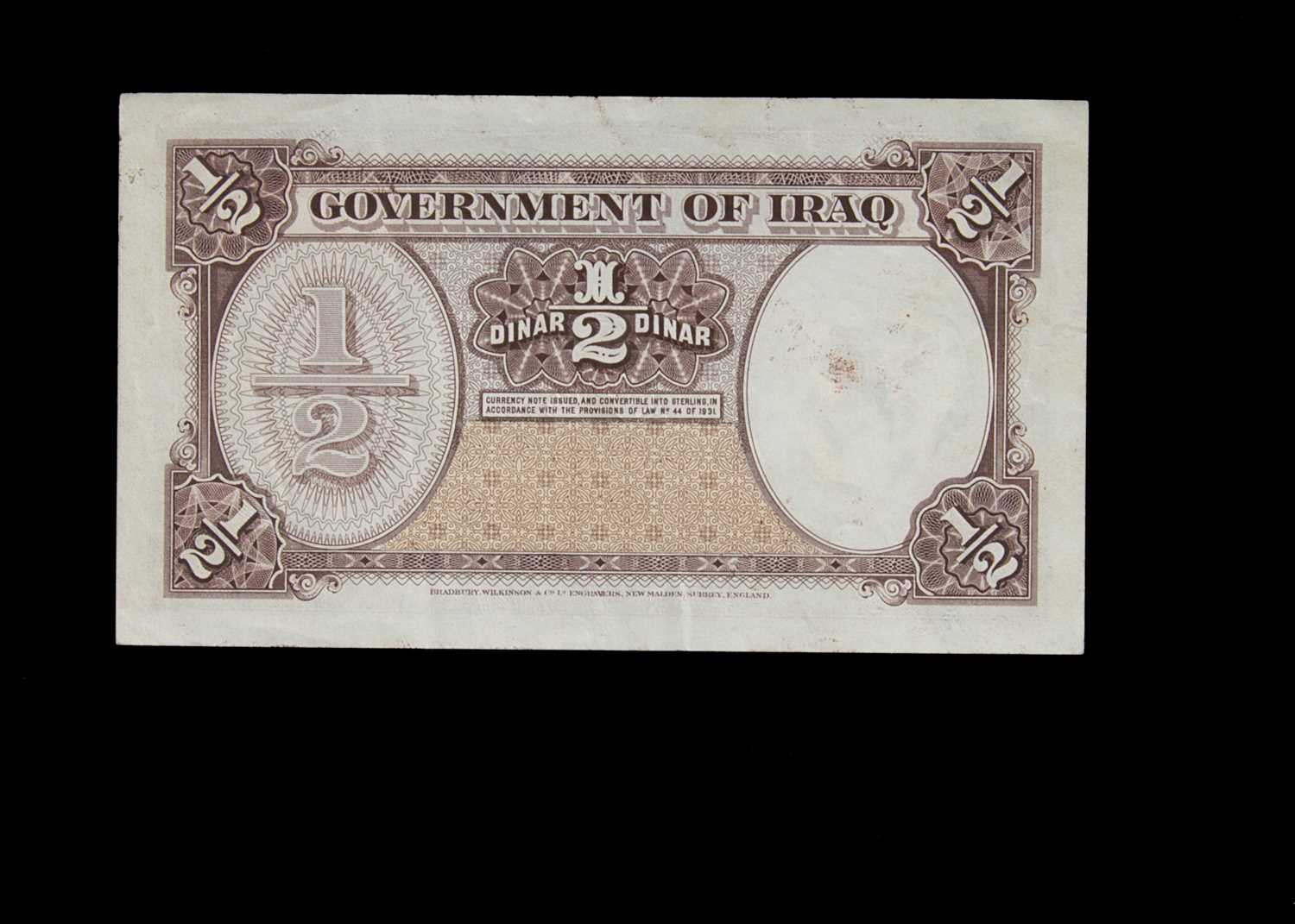 Specimen Bank Note: Government of Iraq specimen Half Dinar, - Image 2 of 2