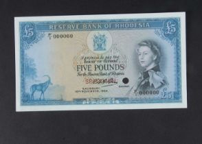 Specimen Bank Note: Reserve Bank of Rhodesia specimen 5 Pounds,