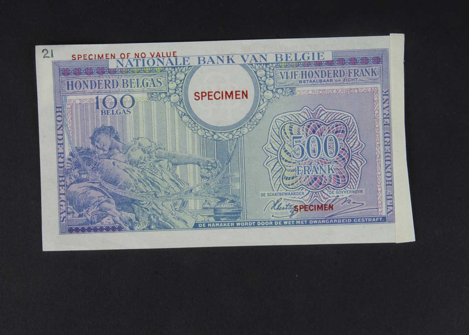 Specimen Bank Note: National Bank of Belgium specimen 500 Francs 100 Belgas, - Image 2 of 2