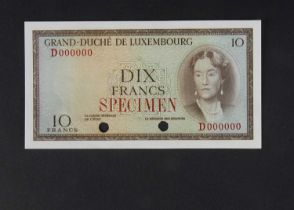 Specimen Bank Note: Luxembourg specimen 10 francs,