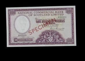 Specimen Bank Note: National Commercial Bank of Scotland specimen 100 Pounds,