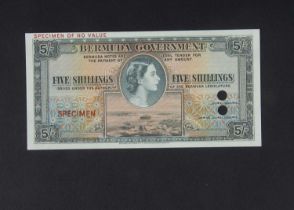 Specimen Bank Note: Bermuda Government Specimen 5 Shillings Elizabeth II,