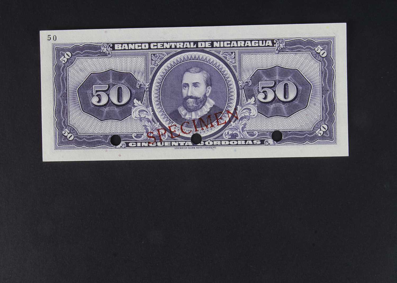 Specimen Bank Note: Central bank of Nicaragua specimen 50 Cordobas, - Image 2 of 2