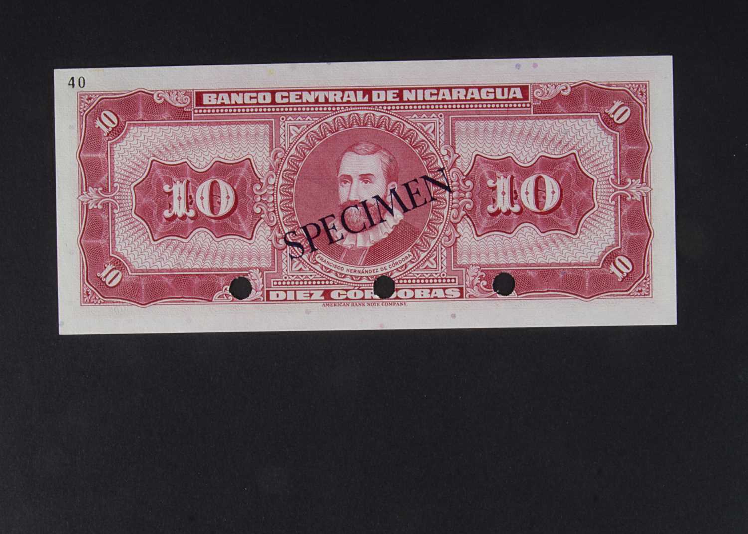 Specimen Bank Note: Central bank of Nicaragua specimen 10 Cordobas, - Image 2 of 2