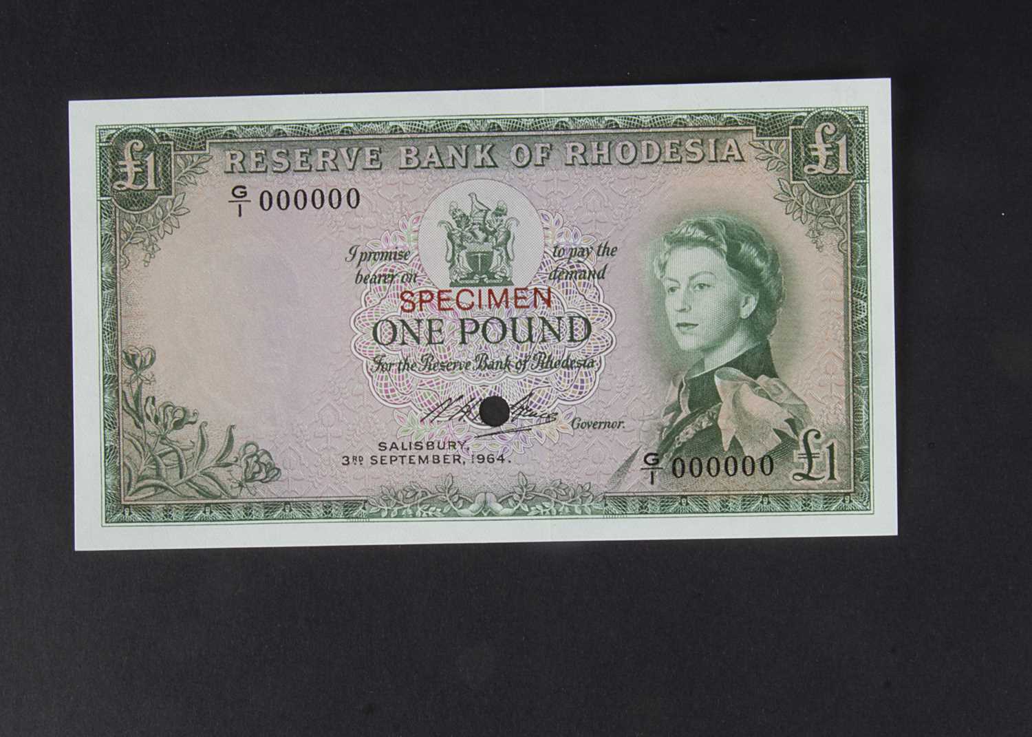 Specimen Bank Note: Reserve Bank of Rhodesia specimen 1 Pound,