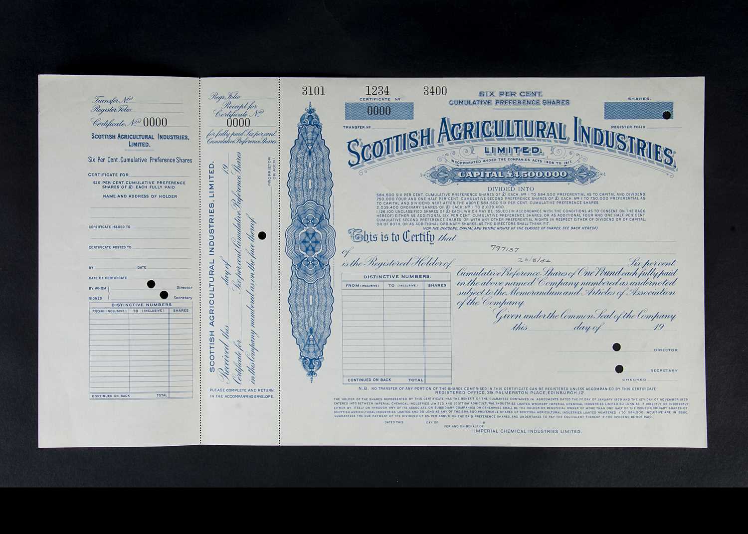 Scottish Agricultural Industries specimen stocks and shares certificate,