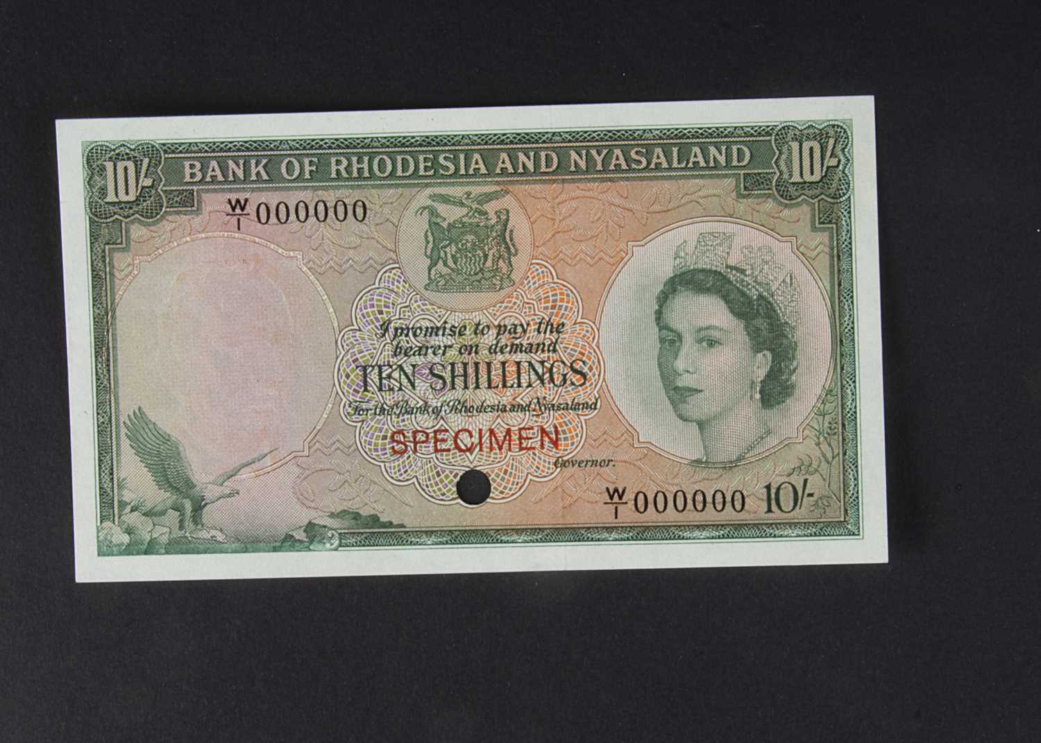 Specimen Bank Note: Bank of Rhodesia and Nyasaland specimen 10 Shillings,