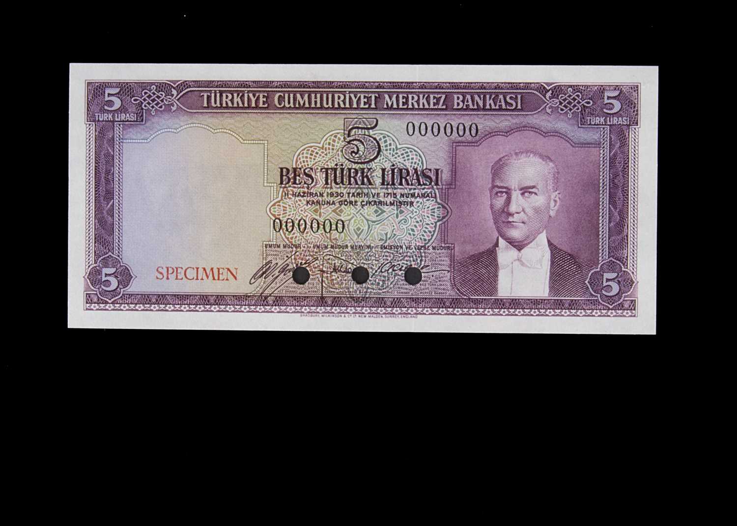 Specimen Bank Note: Turkey specimen 5 Turk Lirasi,