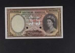 Specimen Bank Note: Southern Rhodesia specimen 5 Pounds,