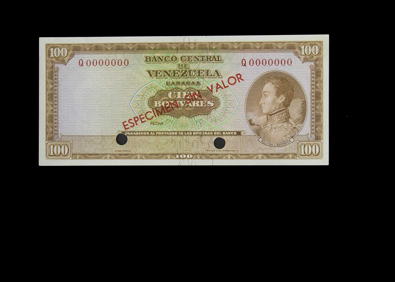 Specimen Bank Note: Central Bank of Venezuela Specimen 100 Bolivares,