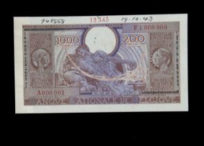 Specimen Bank Note: National Bank of Belgium specimen 1000 Francs 200 Belgas,