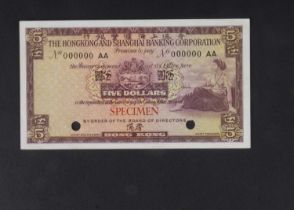 Specimen Bank Note: The Hong Kong and Shanghai Banking Corporation specimen 5 Dollars,