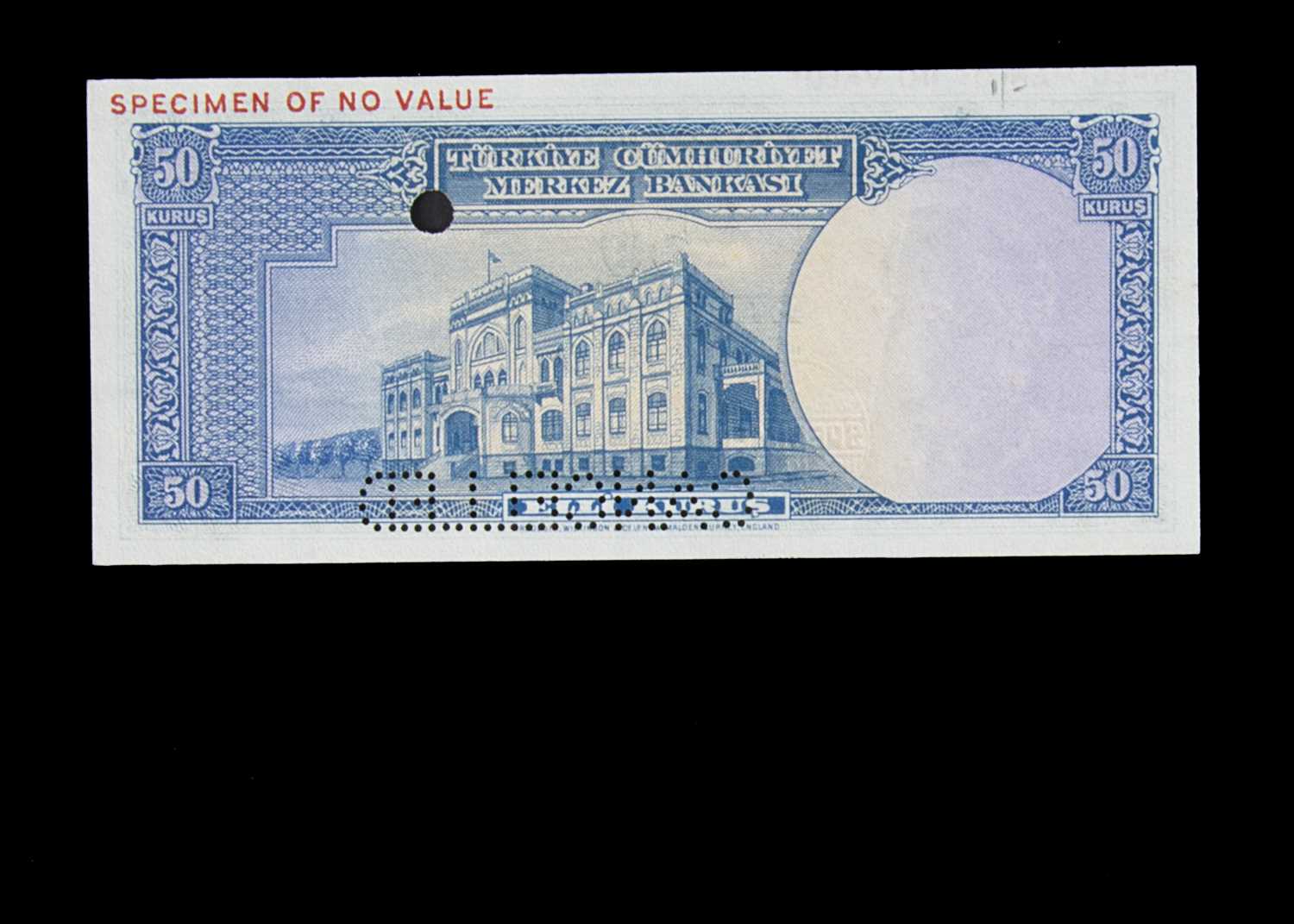 Specimen Bank Note: Turkey specimen 50 Kurus, - Image 2 of 2