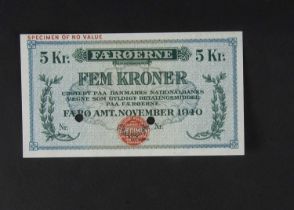 Specimen Bank Note: Denmark specimen 5 Kroner,