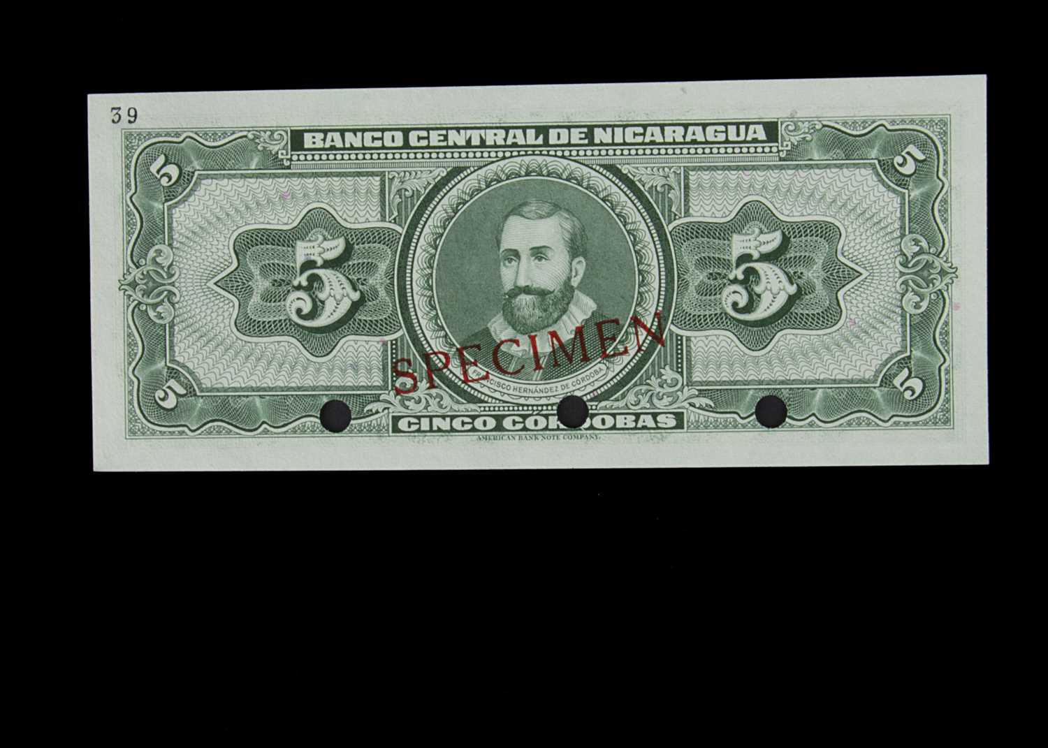 Specimen Bank Note: Central bank of Nicaragua specimen 5 Cordobas, - Image 2 of 2