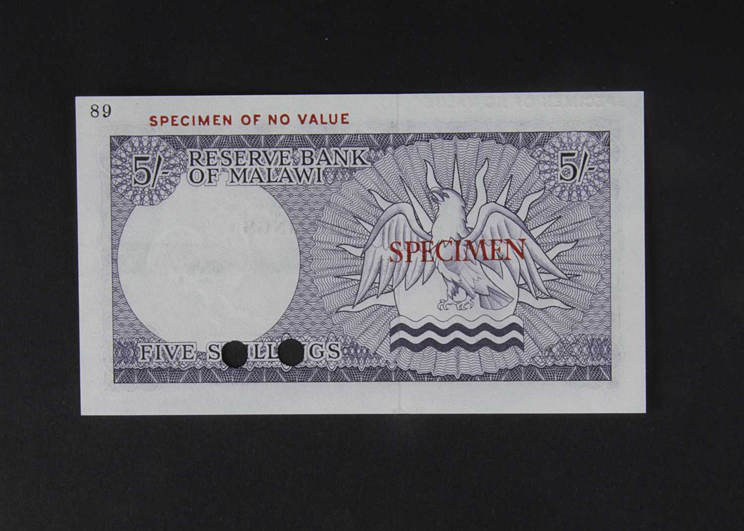 Specimen Bank Note: Reserve Bank of Malawi specimen 5 Shillings, - Image 2 of 2