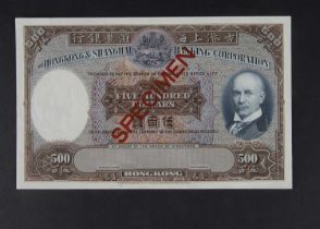 Specimen Bank Note: The Hong Kong and Shanghai Banking Corporation specimen 500 Dollars,