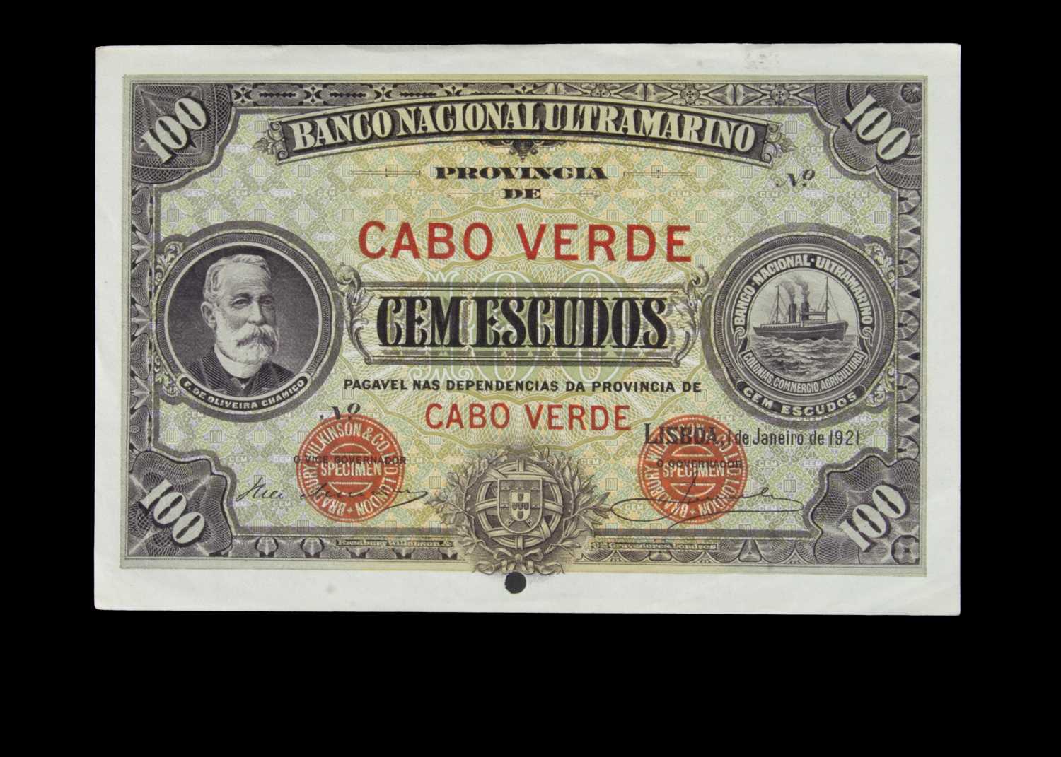 Specimen Bank Note: National Bank Ultramarino specimen 100 Escudos,