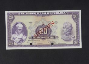 Specimen Bank Note: Colombia specimen 20 Pesos Oro,