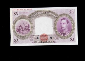 Specimen Bank Note: Barbados specimen 5 Dollars,