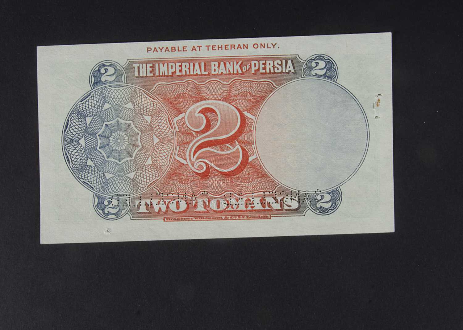 Specimen Bank Note: The Imperial Bank of Persia specimen 2 Tomans, - Image 2 of 2