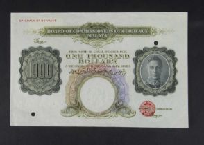 Specimen Bank Note: Board of Commissioners of Currency, Malaya specimen 1000 Dollars,