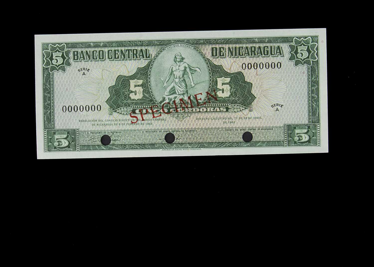 Specimen Bank Note: Central bank of Nicaragua specimen 5 Cordobas,