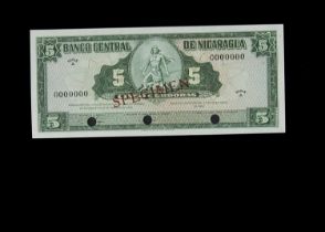 Specimen Bank Note: Central bank of Nicaragua specimen 5 Cordobas,