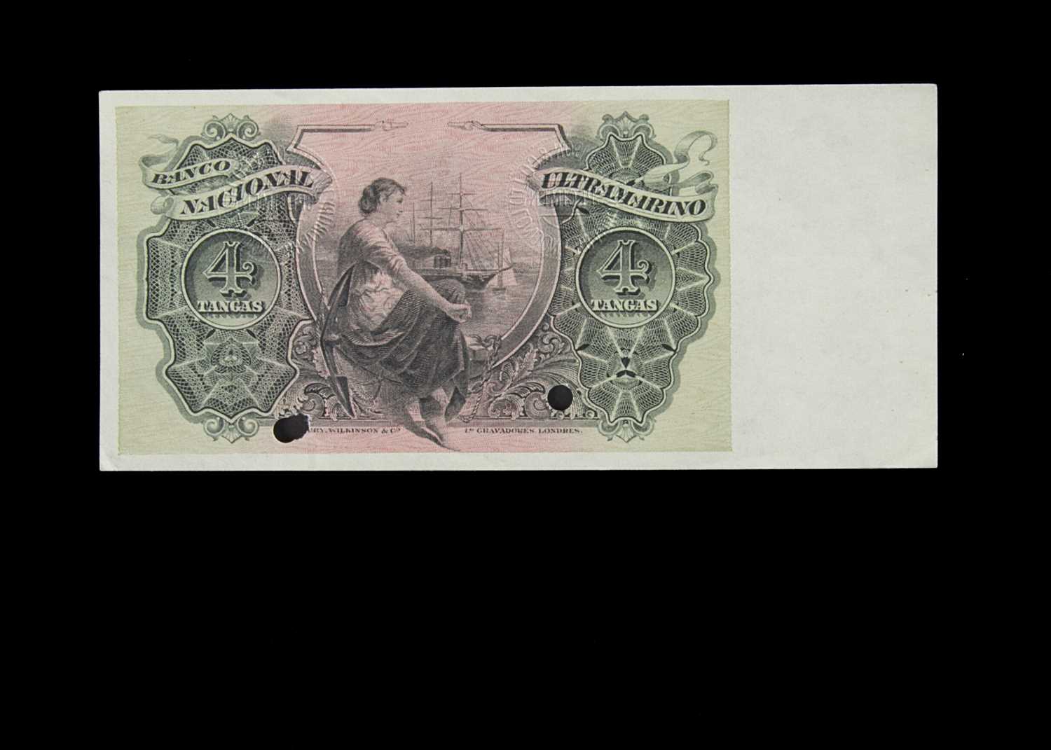 Specimen Bank Note: National Bank Ultramarino specimen 4 Tangas, - Image 2 of 2