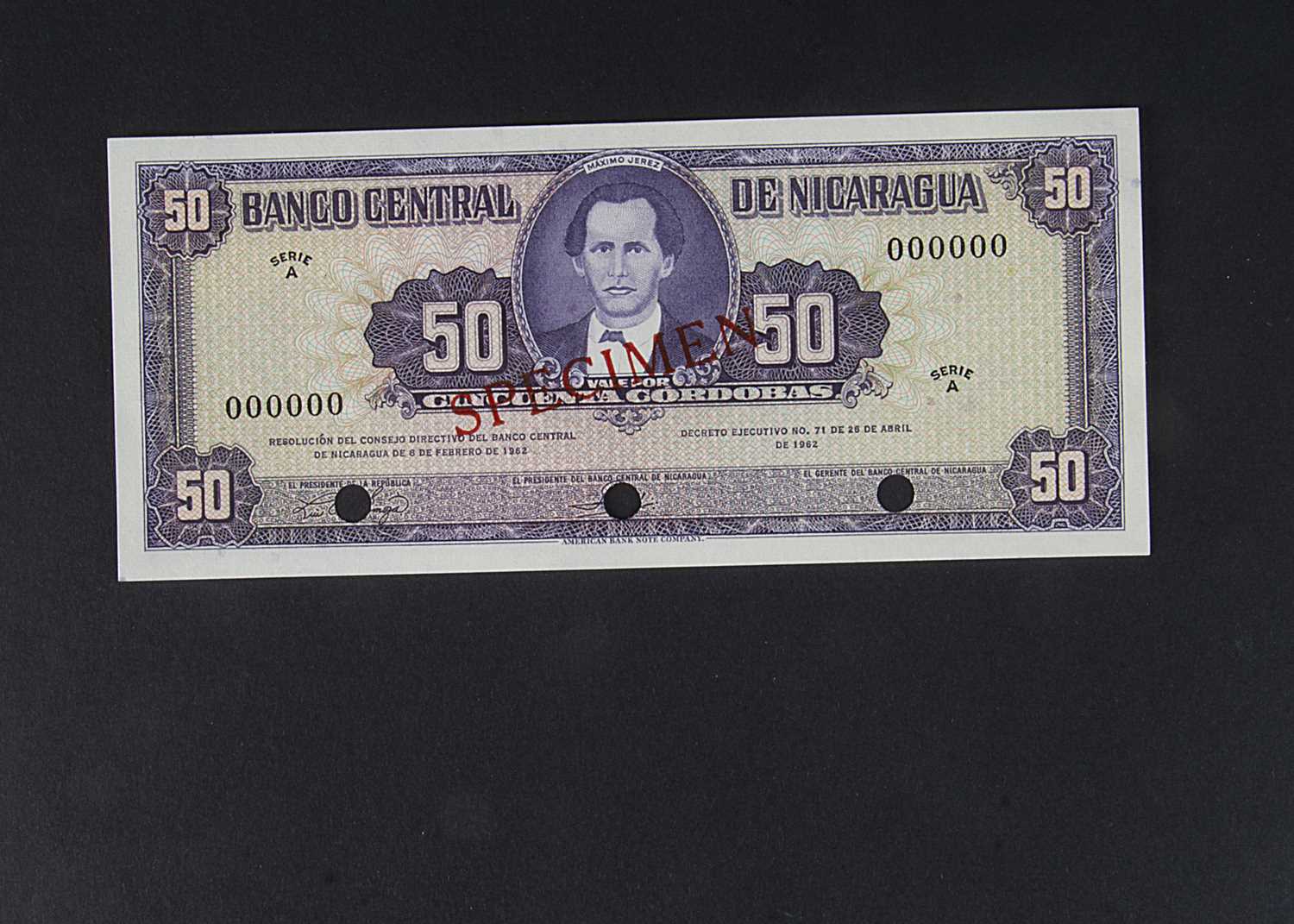 Specimen Bank Note: Central bank of Nicaragua specimen 50 Cordobas,