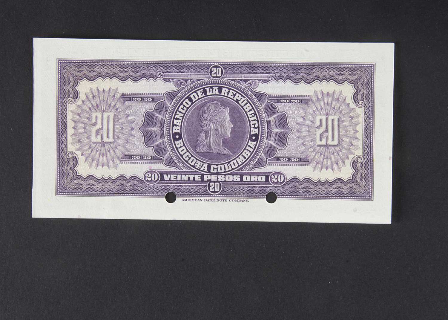 Specimen Bank Note: Colombia specimen 20 Pesos Oro, - Image 2 of 2