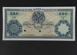 Specimen Bank Note: Lithuania specimen 500 Litu,