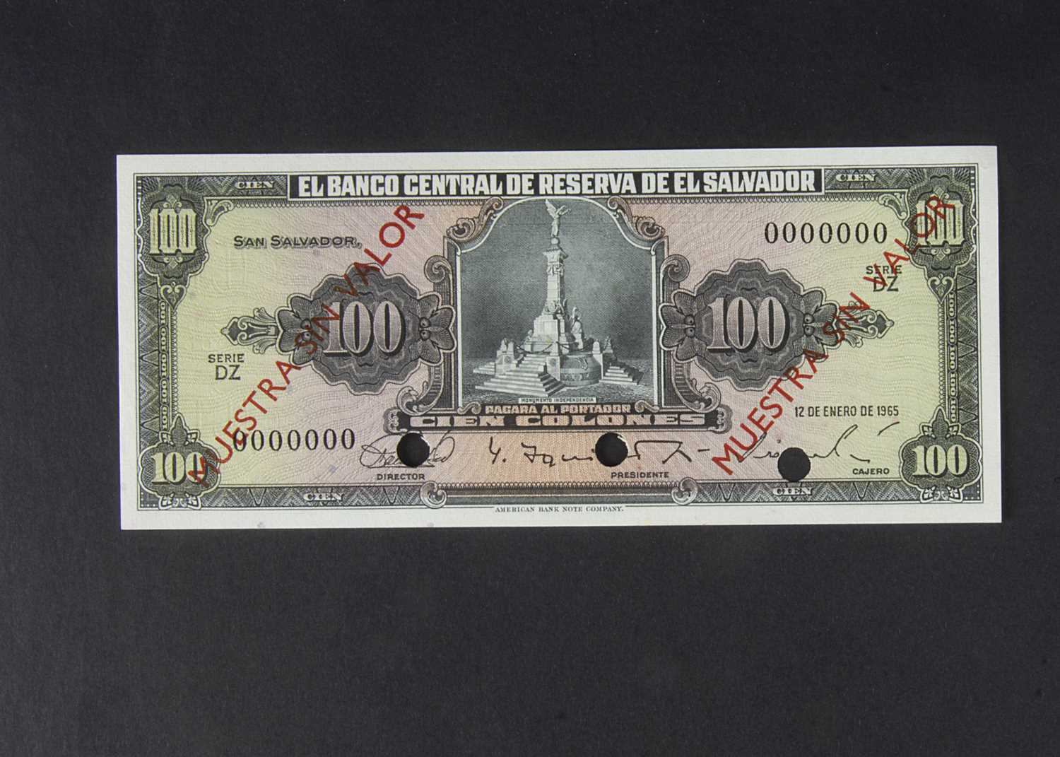 Specimen Bank Note: El Salvador Specimen 100 Colones,