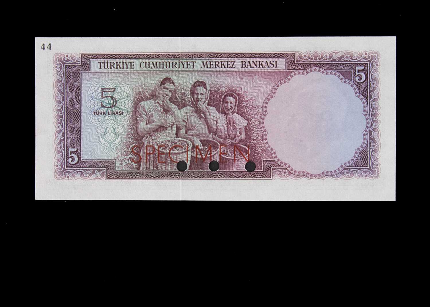 Specimen Bank Note: Turkey specimen 5 Turk Lirasi, - Image 2 of 2