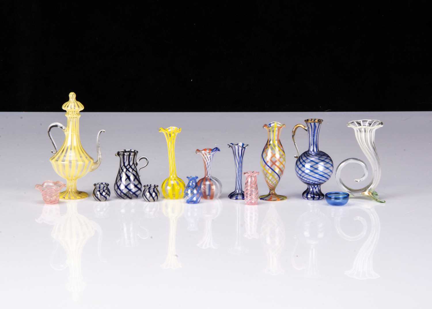 Latticino glass dolls’ house vessels,