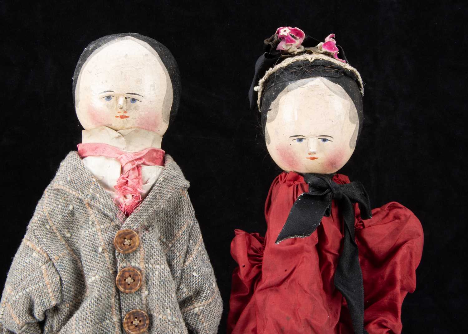 An unusal late 19th century German pegged wooden type hand puppet couple, - Image 2 of 2
