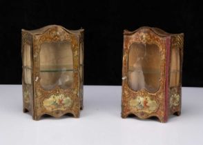 A pair of French lithographed tinplate and wooden doll’s display cabinets,