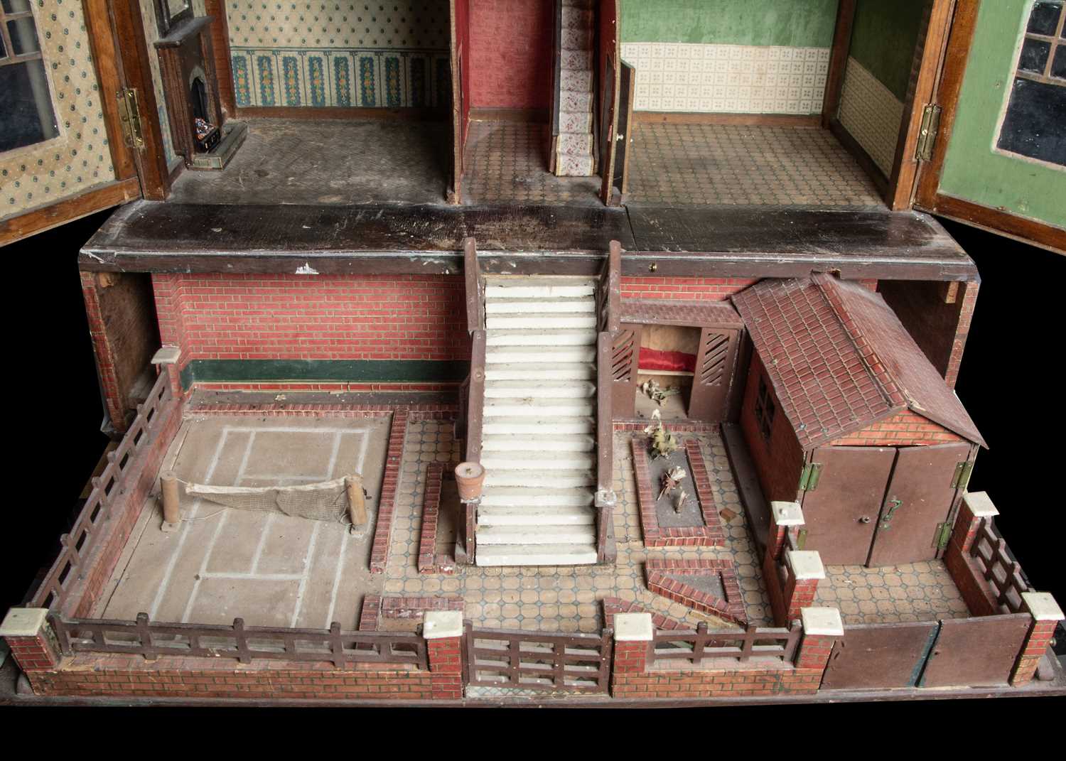 A 1930s part fretwork dolls’ house, possibly Hobbies Ltd with unusual pull-out garden, - Image 2 of 3