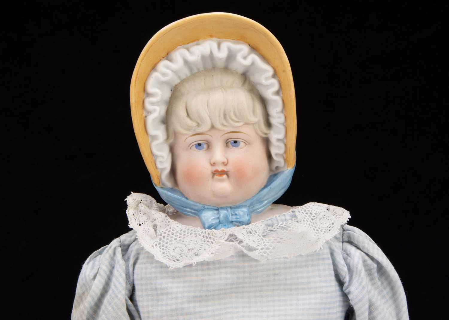 An unusual German bisque shoulder-head doll would moulded bonnet, - Image 2 of 2