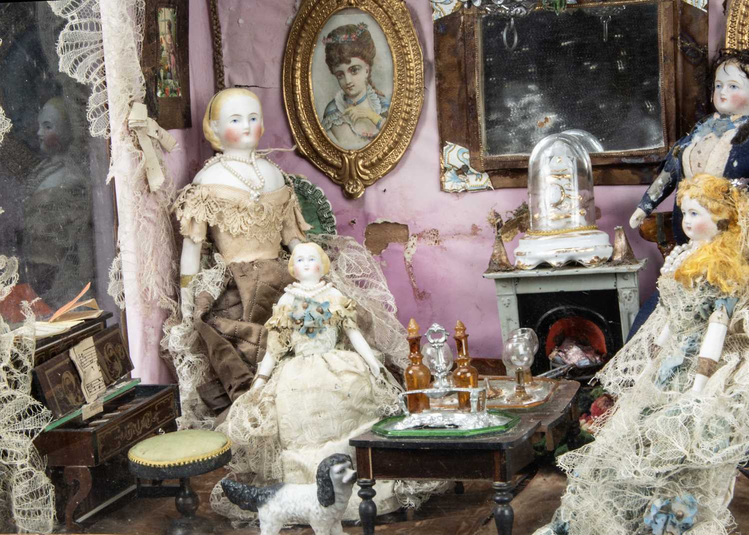 A second half of the 19th century room setting with bisque shoulder head dolls, - Image 3 of 5
