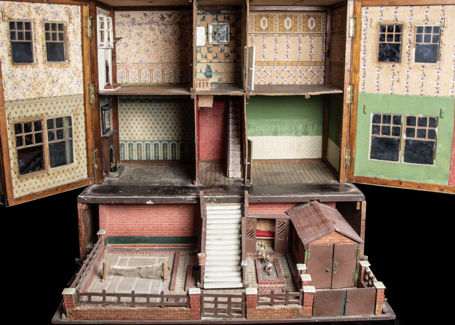 A 1930s part fretwork dolls’ house, possibly Hobbies Ltd with unusual pull-out garden, - Image 3 of 3