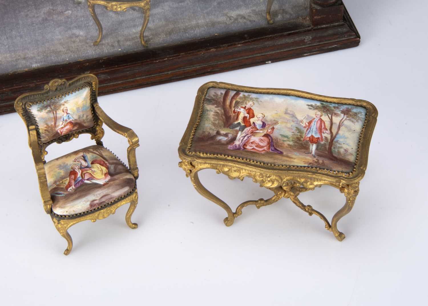 A set of early 20th century Viennese enamel and gilt metal dolls’ house furniture, - Image 2 of 3