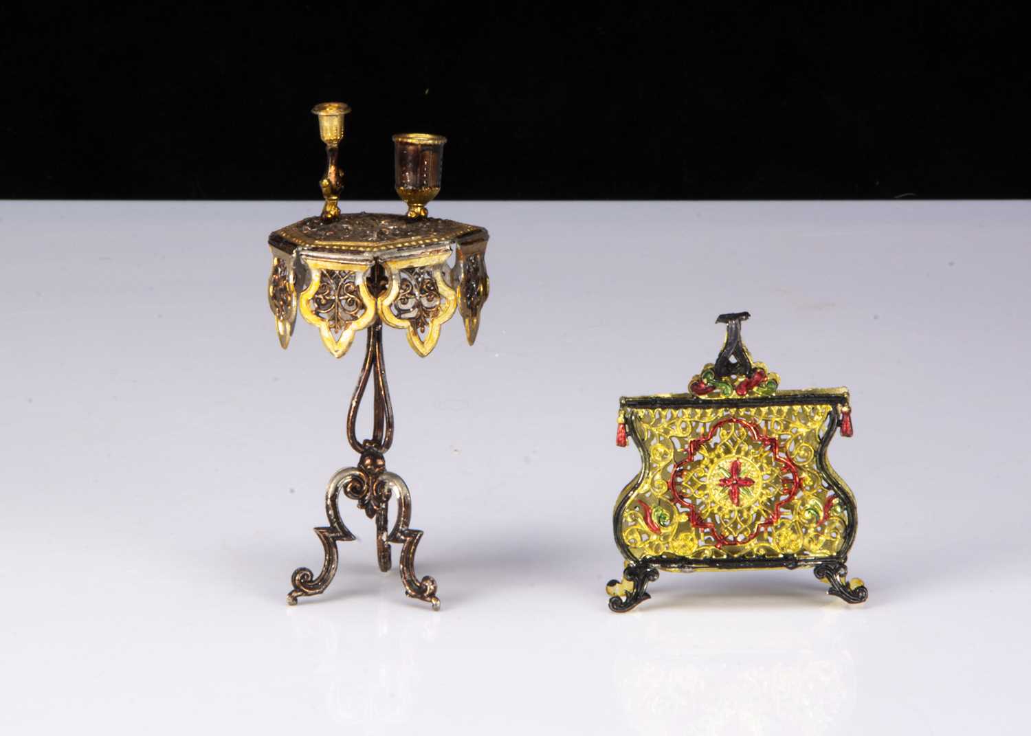 A German bronzed soft metal dolls’ house smoking table,