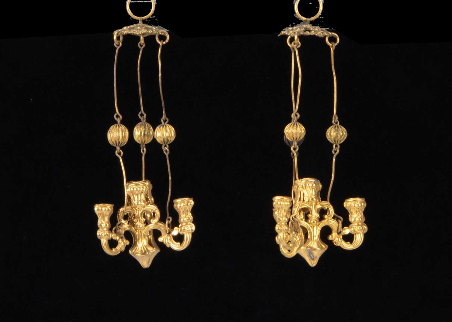 A rare pair of German gilt metal dolls’ house chandeliers,