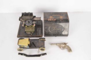 Tin Toys including Burnett Car pars and Gerbruder Schmidt Typewriter and metal Toy Gun,