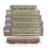 Lima 0 Gauge BR SR bright green Mainline 1st/2nd Class Coaches and LMS maroon Coach,