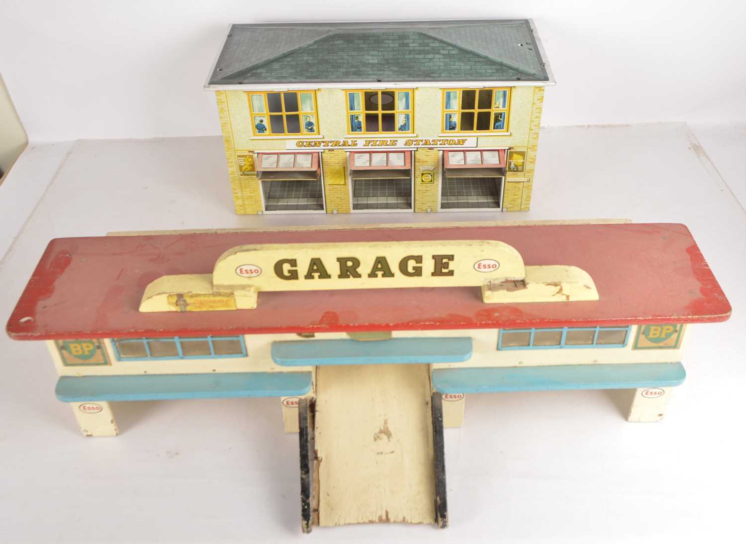 Mettoy large Tinplate Central Fire Station and Hobbies Style large Wooden Garage suitable for Dinky
