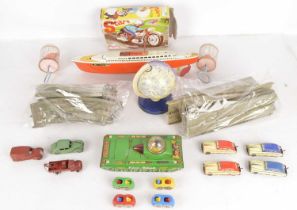 Various mostly unboxed 1960's and later Tin Toys and 1950's Dinky Toys and Palitoy Baby's Rattles (